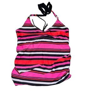 MOTHERHOOD Pink & Red Striped Tankini Halter Top Size Medium